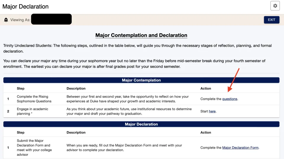 Major Contemplation and Declaration Menu in DukeHub, with a red arrow pointing to the Sophomore Questions