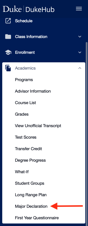 DukeHub Drop Down Menu showing Major Declaration Option